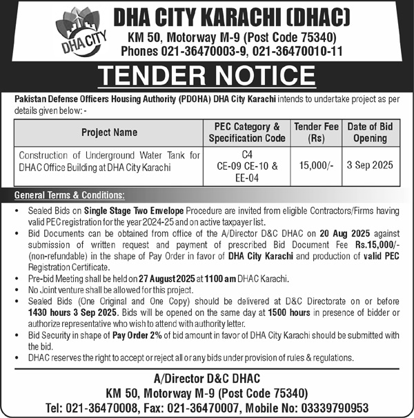 DHA Karachi Tender Notice
